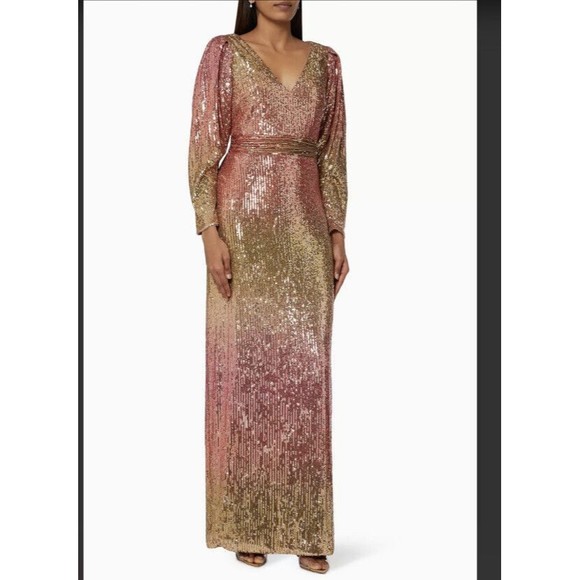 THEIA Adalee Ombre Sequined Puff-Sleeve Gown Dress Size 4 Womens Gold - Picture 1 of 9